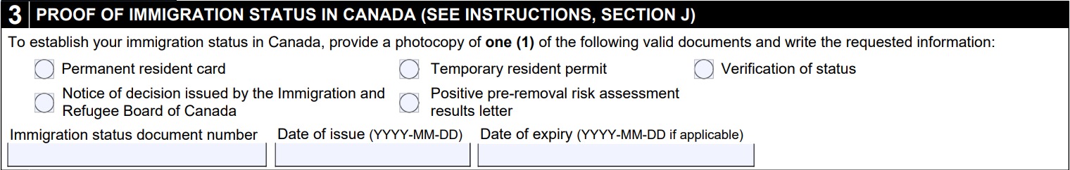 Section 3, immigration status in Canada section for the Canadian Refugee Travel Document application