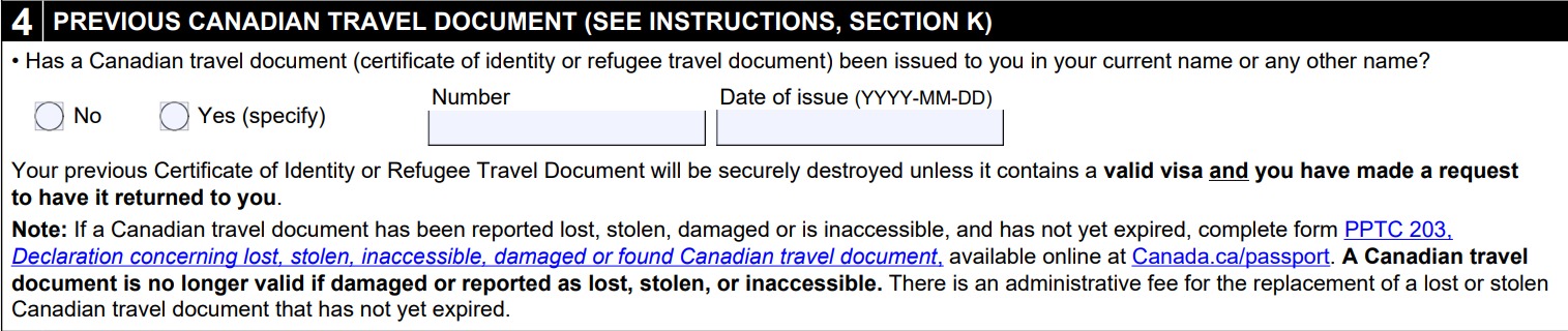 section 4 of PPTC 190 Previous Canadiain Travel Document
