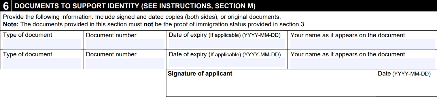 Section 6 of the Application PPTC 190 Documents to Support Identity